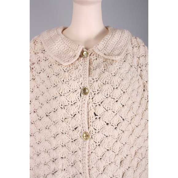 Vintage 60s Crochet Sweater Knit Fringe Poncho - Picture 5 of 6